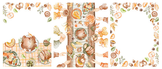 Set of Thanksgiving card templates and frames in watercolor style, featuring turkey, pumpkin, feast, family gathering, and autumn table. Perfect for flyers, invitations, and holiday designs.