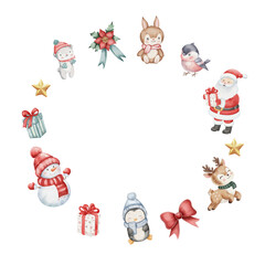 Fototapeta premium Watercolor Christmas wreath. round frame snowman in red hat, reindeer, penguin, Santa Claus, bear, bunny, bullfinch, gifts, gold star, red bow and poinsettia. white background with empty for text.