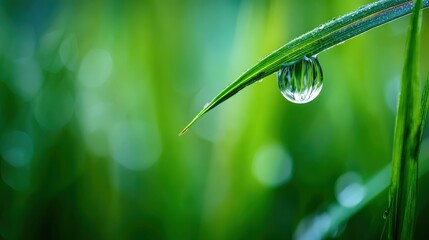 Close up image of dew drop on green grass blade capturing natures beauty