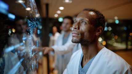 A medical professional, deeply focused, observes an interactive display of health data, representing the critical role of analysis in patient care and modern healthcare practices.