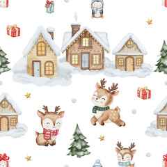 Seamless watercolor Christmas pattern with reindeer, penguin, houses, trees, gifts, and golden stars on white background. Cute festive design for kids and holiday decor.