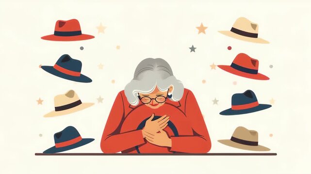 An animated illustration of a stylish senior woman choosing a hat. Elderly character expressing gratitude for her choice. Fashion and identity concept