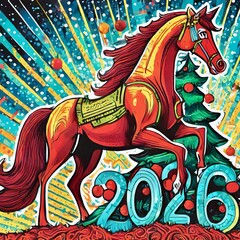 Vibrant illustration of a fiery red horse, symbolizing the upcoming 2026 Year, celebrating New Year with wintery colors, festive atmosphere, and energetic vibes. Perfect for seasonal and holiday desig