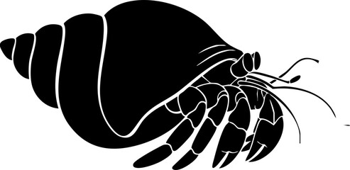 Striking silhouette of a hermit crab encased in its protective shell, showcasing intricate details of its legs and antennae in a bold, graphic style.