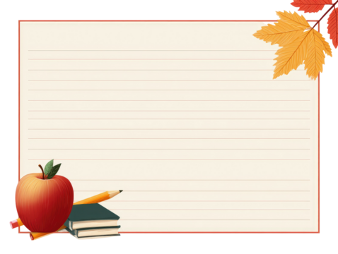 Blank lined paper with autumnal border.  A red apple, pencil and books are in the corner, and autumn leaves are in the top right