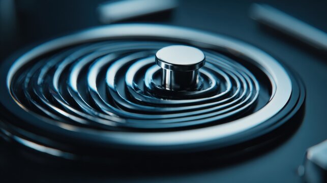 Close up of spiral pattern in glossy metal surface with central button detail