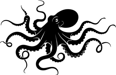 Dynamic black octopus with flowing tentacles creates a striking, artistic statement perfect for marine themes and creative designs.