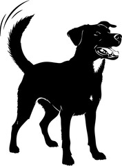 Joyful black dog silhouette wagging tail with happy expression, capturing pure canine delight and energetic spirit for playful designs.