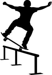 Dynamic skateboarder executes thrilling rail grind mid-air, capturing extreme sports adrenaline and urban culture energy