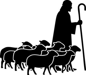 Faithful shepherd guides flock of sheep across open field, iconic symbol of guidance, protection, and pastoral life