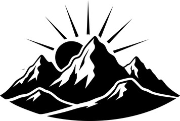 Majestic mountain peaks bathed in the warm glow of a rising sun, symbolizing hope, adventure, and new beginnings.