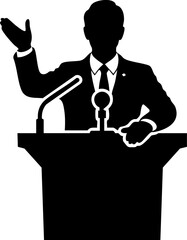 Confident speaker commanding attention at podium, delivering impactful presentation with dynamic gestures for corporate success