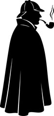 Mysterious detective smoking pipe wearing trench coat and hat, iconic silhouette for mystery and investigation themes