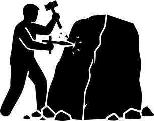 Skilled artisan meticulously carving a large stone, chipping away debris with hammer and chisel, showcasing dedication and craftsmanship