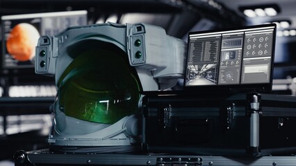 Astronaut suit helmet and laptop inside spaceship control bay displaying diagnostics and mission telemetry. Cosmonaut equipment next to notebook in space station showing performance metrics