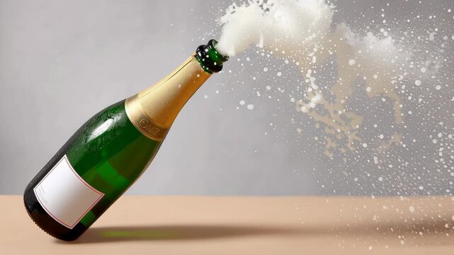 Champagne bottle erupts with sparkling foam as it tilts, showcasing the dynamic motion of celebration, with camera zooming in to capture the effervescent spray and festive atmosphere