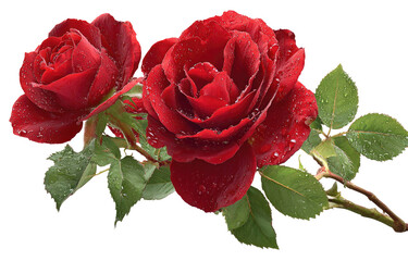 Close-up of two vibrant red roses with dew drops, and green leaves on a black background