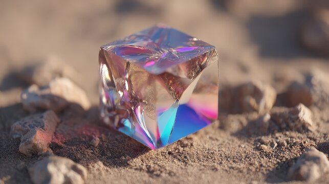 Close up of a translucent crystal cube with colorful reflections on sand