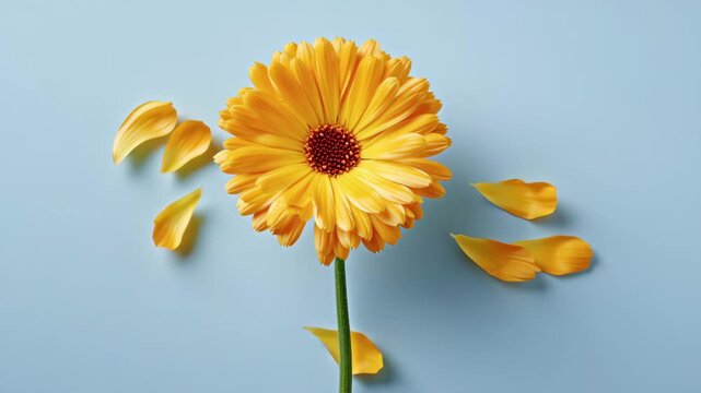 Vibrant yellow flower with petals falling gracefully against a soft blue background, showcasing the delicate beauty of nature, camera captures a smooth zoom in on the floral scene