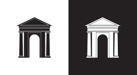 A classical architectural archway with columns, shown as a simple icon in both black and white versions.