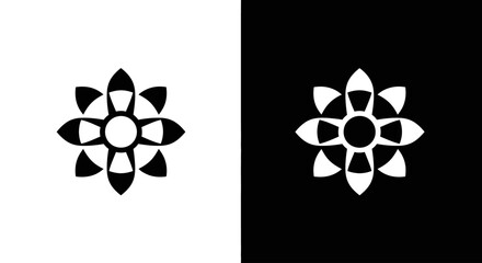A symmetrical geometric flower icon shown in black on white and its inverse, white on black.