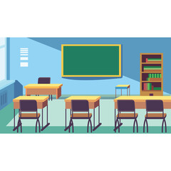 Fototapeta premium Pixelated Classroom Interior With Desks Chairs Blackboard And Bookshelf In A School Setting