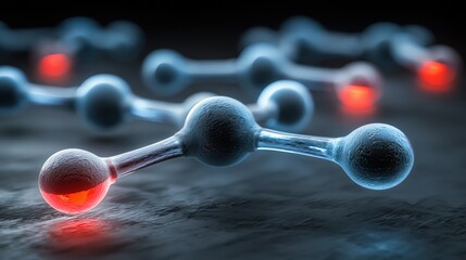 Close up of molecular structure with glowing atoms representing chemical bonds in a dark environment
