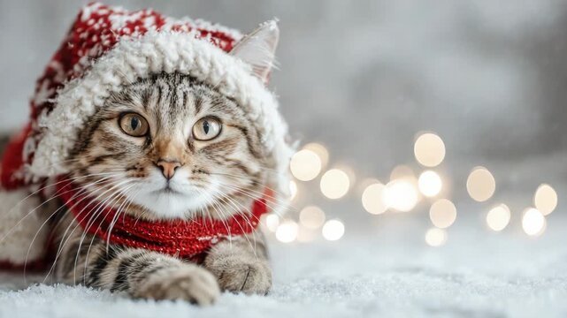Festive cat in santa hat and red scarf with holiday lights and snowy background