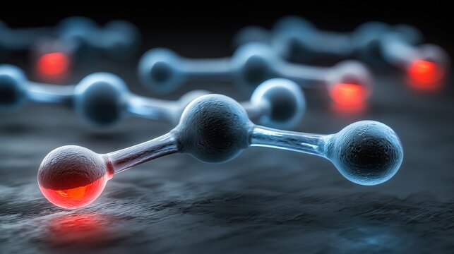 Close up of molecular structure with glowing atoms representing chemical bonds in a dark environment