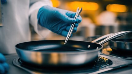 Medium shot of a researcher demonstrating nonstick nanotech coating on cookware emphasizing easy cleaning and enhanced food release properties