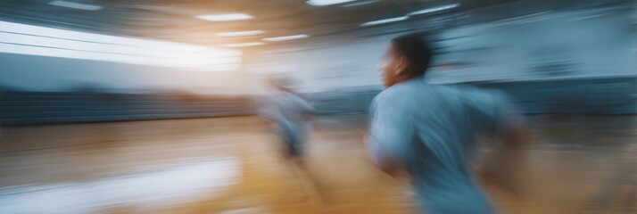 Blurry image of two people running on a wooden floor