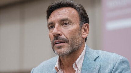 Obraz premium Man with a beard and gray hair is wearing a blue jacket and a pink shirt