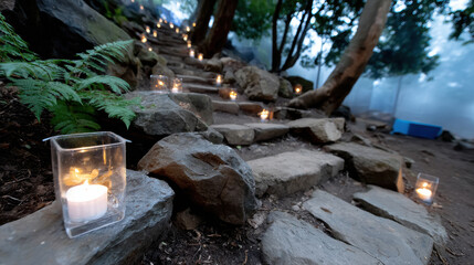 An enchanting view of candlelit steps winding through misty surroundings, creating a mystical atmosphere that evokes curiosity and invites exploration into the serene wilderness.