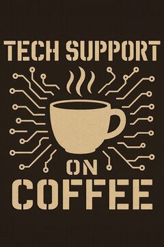 Tech Support On Coffee" design for IT professionals, developers, and programmers. It features a steaming coffee cup with circuit board elements, humorously symbolizing caffeine's vital role in daily t