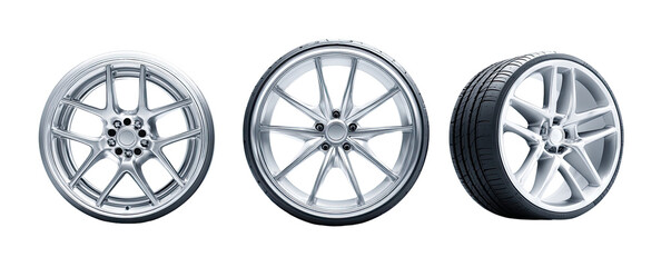 Three silver-colored alloy car wheels