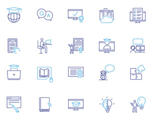 Online education icon set. Thin line editable stroke icons for e-learning, study, online course, digital classroom, reading, certification, video lesson, training, and modern education technology.