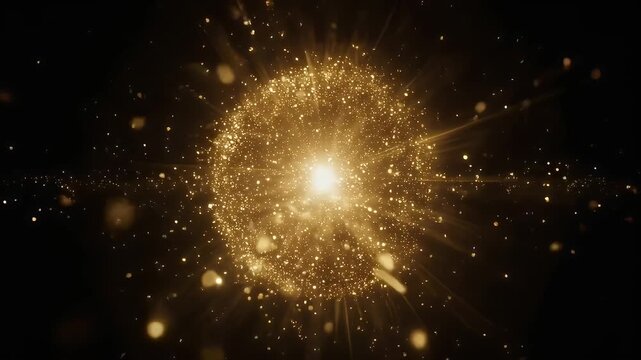 A central bright, golden light source surrounded by a sphere of glittering particles
