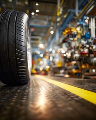 trending minimal lifestyle Close-Up of Tire on Industrial Factory Floor with Machinery in Background modern commercial background