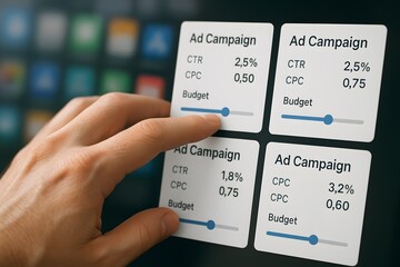 Analyzing ad campaign metrics with touch controls. Concept of technology, business and strategy.