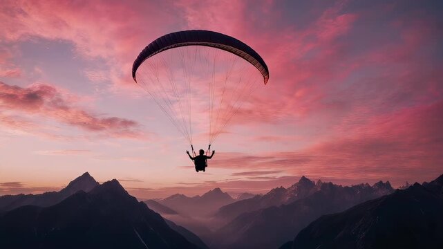 Paraglider silhouetted against a vivid pink and purple sunset over a range of mountains