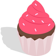 A single isolated chocolate cupcake with bright pink frosting and white sprinkles on a transparent background with a dark shadow cast to the side in a side view perspective