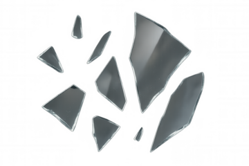 Shattered glass fragments flying, concept of destruction, fragility, breaking, or accident on transparent background