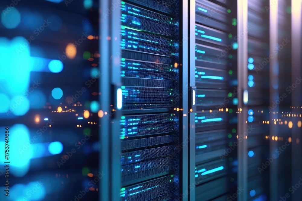 Wall mural futuristic it data center with glowing blue servers and digital reflection lights, ideal for ai, clo