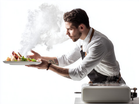 Chef holding smoking dish with molecular gastronomy device