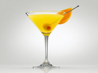 Orange cocktail with olive and orange slice in martini glass
