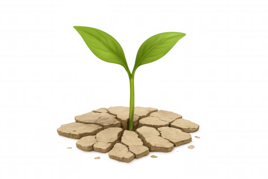 Green sprout pushing through cracked dry earth, symbolizing new life, hope, growth, and overcoming drought