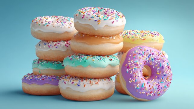 Stacked colorful donuts with sprinkles on a blue background