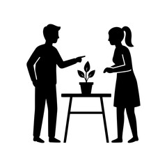 Office restart meeting vector art of man and woman discussing a plant on a table