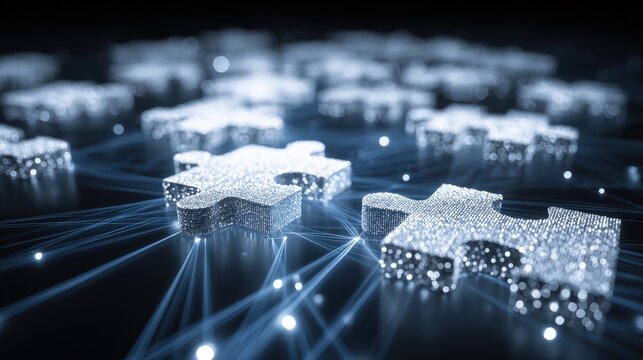 Stylized digital puzzle pieces connected by light in abstract representation of problem solving