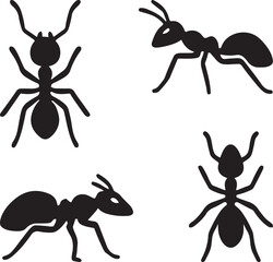 Four black ant silhouettes in different poses on white background icon vector